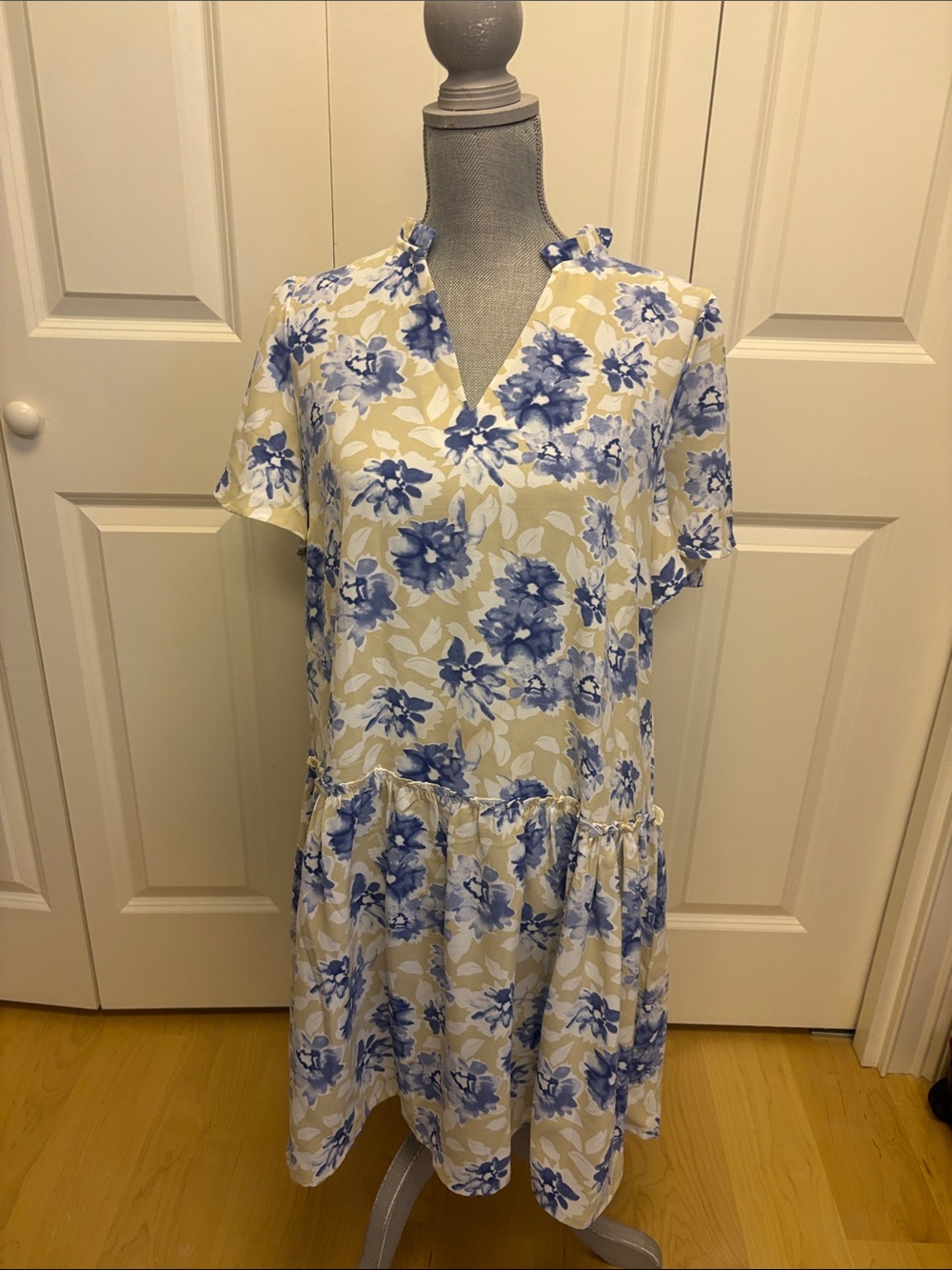 Blue Floral V-Neck Short Sleeve Tiered Dress - Blue and Cream